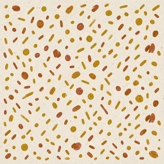 Hand-painted mustard and terracotta dots and dashes scattered across a textured oatmeal background