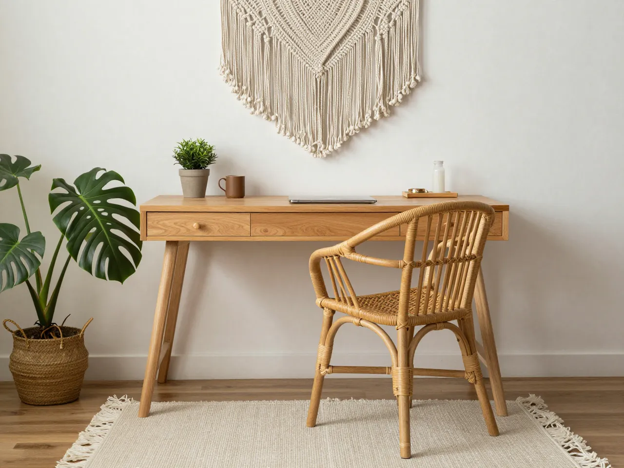 Bright boho-style home office with wooden desk, rattan chair, macrame wall hanging and potted monstera