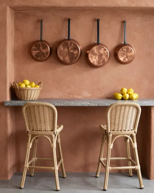 A small kitchen nook has terracotta walls, hanging copper pans, rattan stools and bowls of lemons.