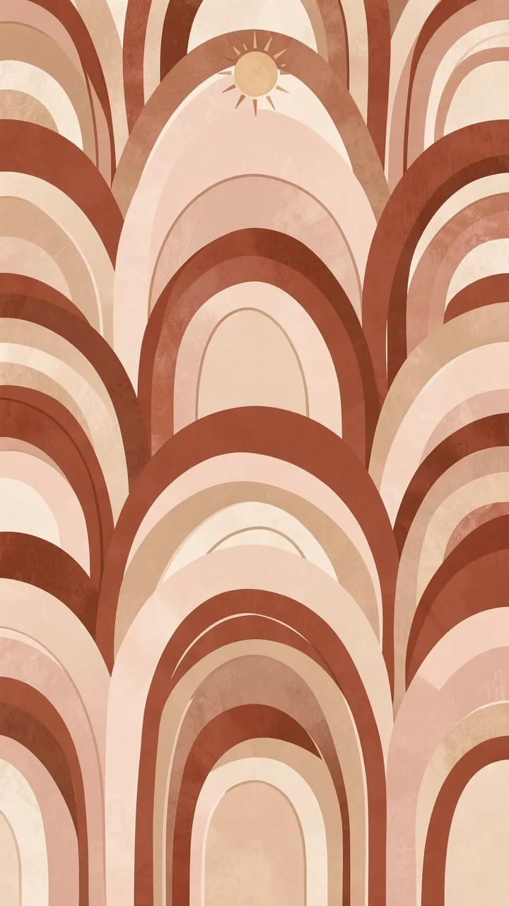 Vertical boho illustration of stacked arched shapes in terracotta, sand and blush with a small stylized sun near the top