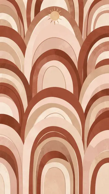 Vertical boho illustration of stacked arched shapes in terracotta, sand and blush with a small stylized sun near the top