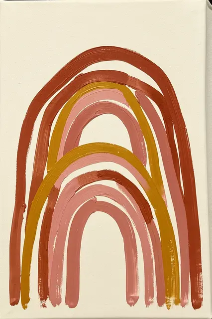 Acrylic painting of stacked boho rainbow arches in terracotta, mustard and dusty pink on cream canvas