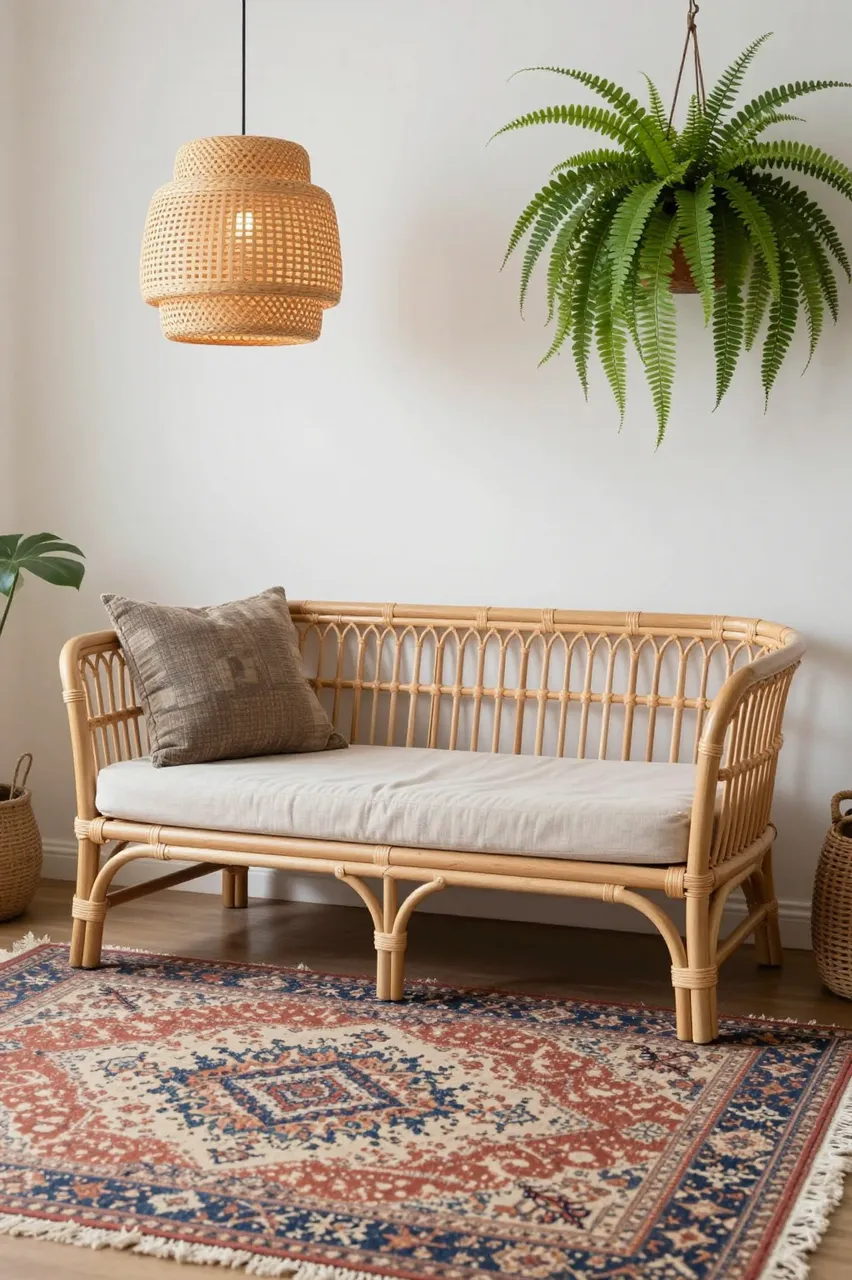 Bright minimalist boho interior with a rattan daybed, vintage rug, hanging fern and woven pendant lamp