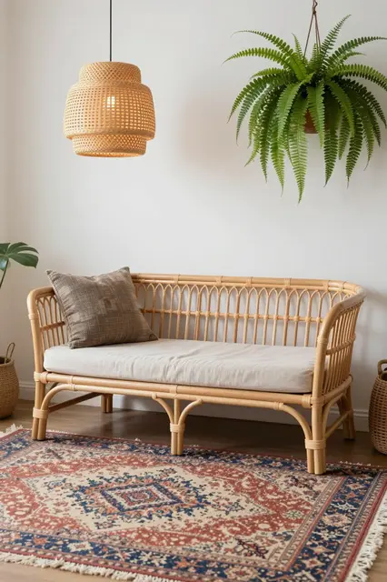 Bright minimalist boho interior with a rattan daybed, vintage rug, hanging fern and woven pendant lamp