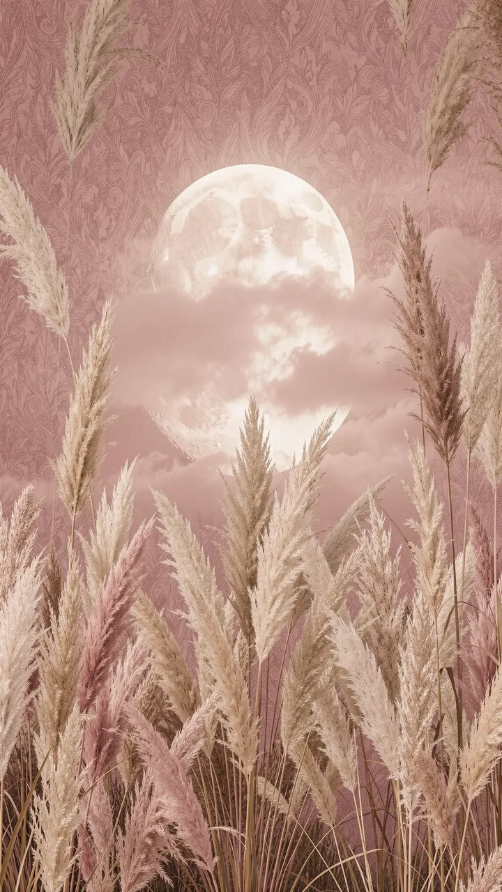 A full moon rises behind soft pampas grass against a dusky muted pink sky