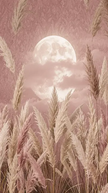 A full moon rises behind soft pampas grass against a dusky muted pink sky