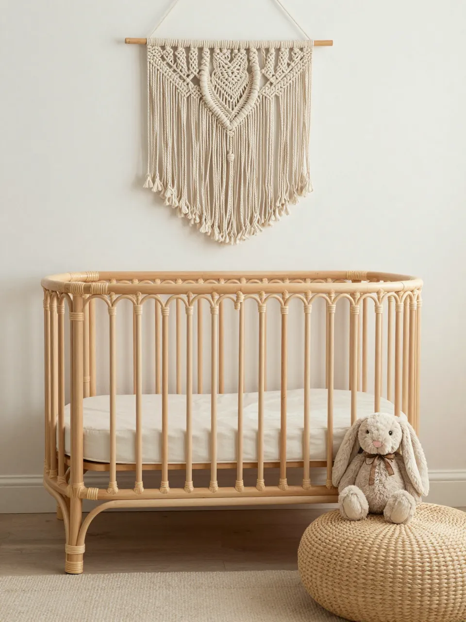 A light rattan crib sits below a macrame wall hanging, with a plush rabbit on a woven pouf.