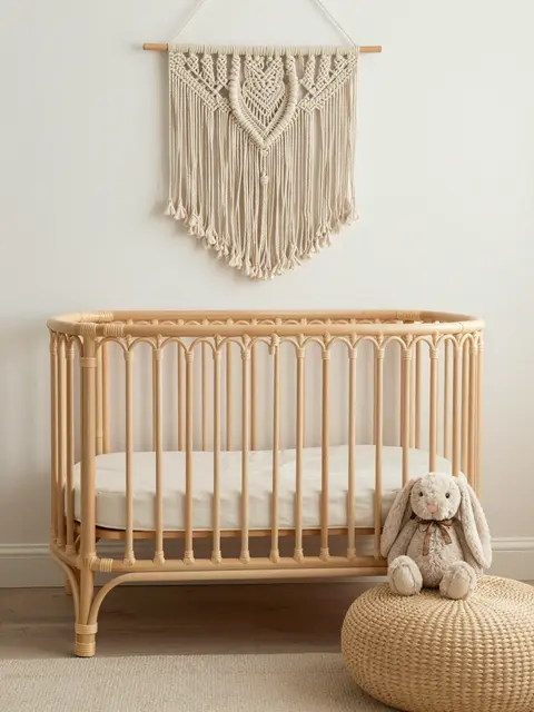 A light rattan crib sits below a macrame wall hanging, with a plush rabbit on a woven pouf.