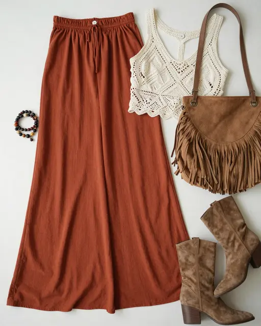 Flat lay arrangement of boho clothing and accessories on a plain light background