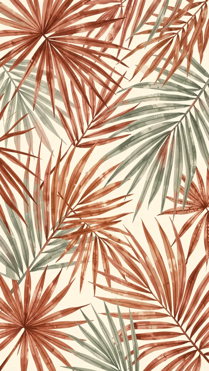 Watercolor palm leaf pattern in rust and sage on warm cream background