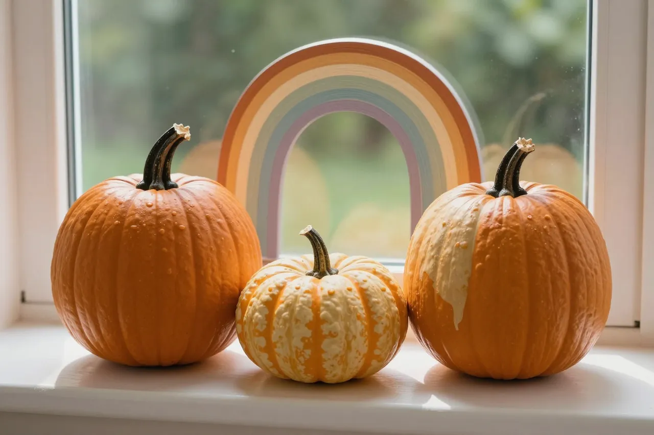 Three textured pumpkins and a decorative boho rainbow rest on a bright sunlit windowsill.