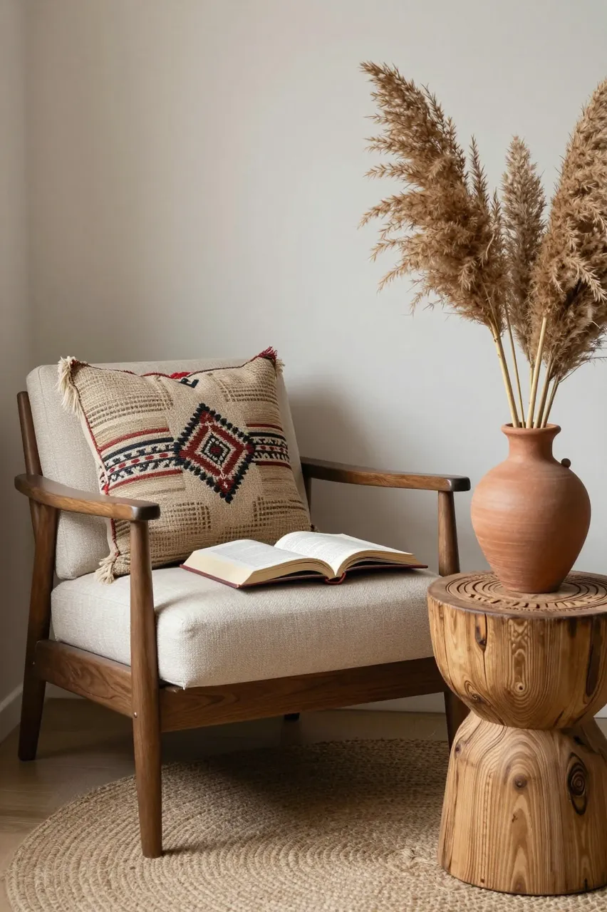 Cozy afro-boho reading nook with wooden armchair, mudcloth pillow, and pampas grass in a terracotta vase