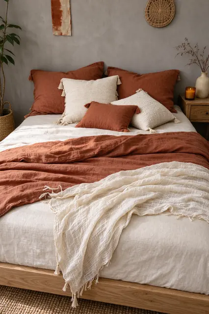 Layered terracotta and cream linen bedding decorates a minimalist wooden bed in a calm bedroom