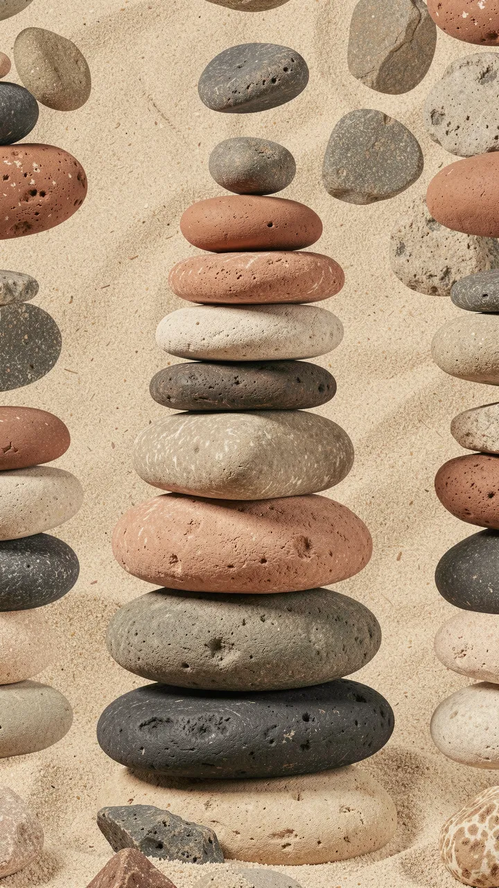 Vertical arrangement of balanced rounded stacked stones on fine sand in warm neutral tones