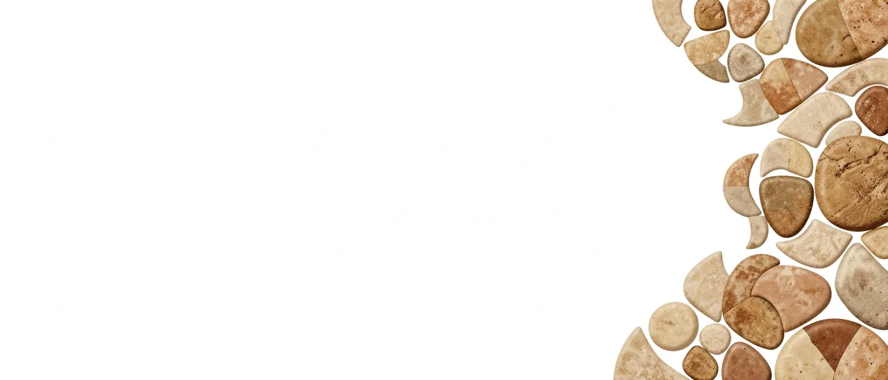 Earthy beige half moon and pebble shapes line the right edge of a wide banner with empty white space on the left