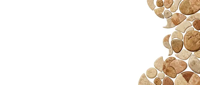 Earthy beige half moon and pebble shapes line the right edge of a wide banner with empty white space on the left