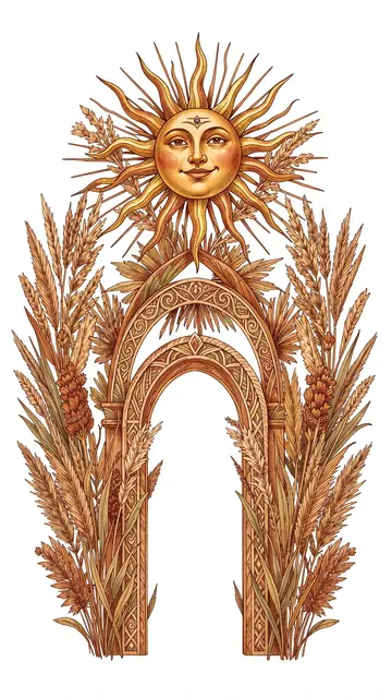 Vertical boho illustration of a stylized face sun above carved arches framed by dried grasses in warm earthy tones.