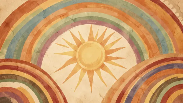 Vintage watercolor boho background with a central sun and layered earth-tone rainbow arcs on distressed cream paper