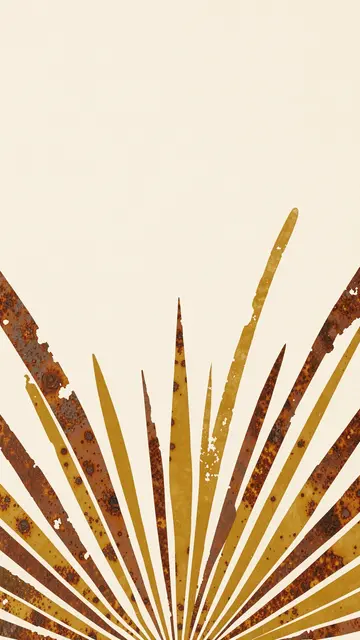 Fanning rust and mustard sun ray elements rise from the bottom edge of a cream vertical background