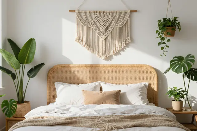 Bright morning light falls across a boho bedroom with rattan headboard, macrame wall hanging, and potted houseplants