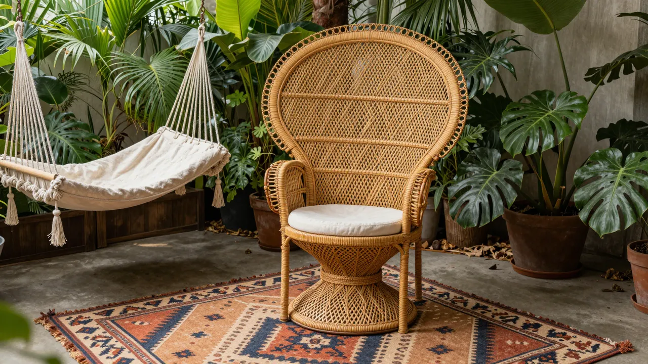 Rattan peacock chair sits beside a hanging swing daybed on a kilim rug surrounded by lush houseplants