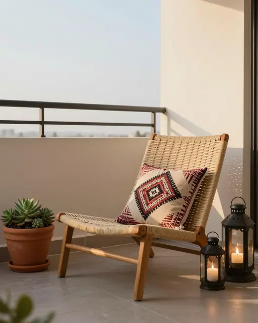 A cozy apartment balcony with a woven lounge chair, succulent planter and lanterns in warm sunset light