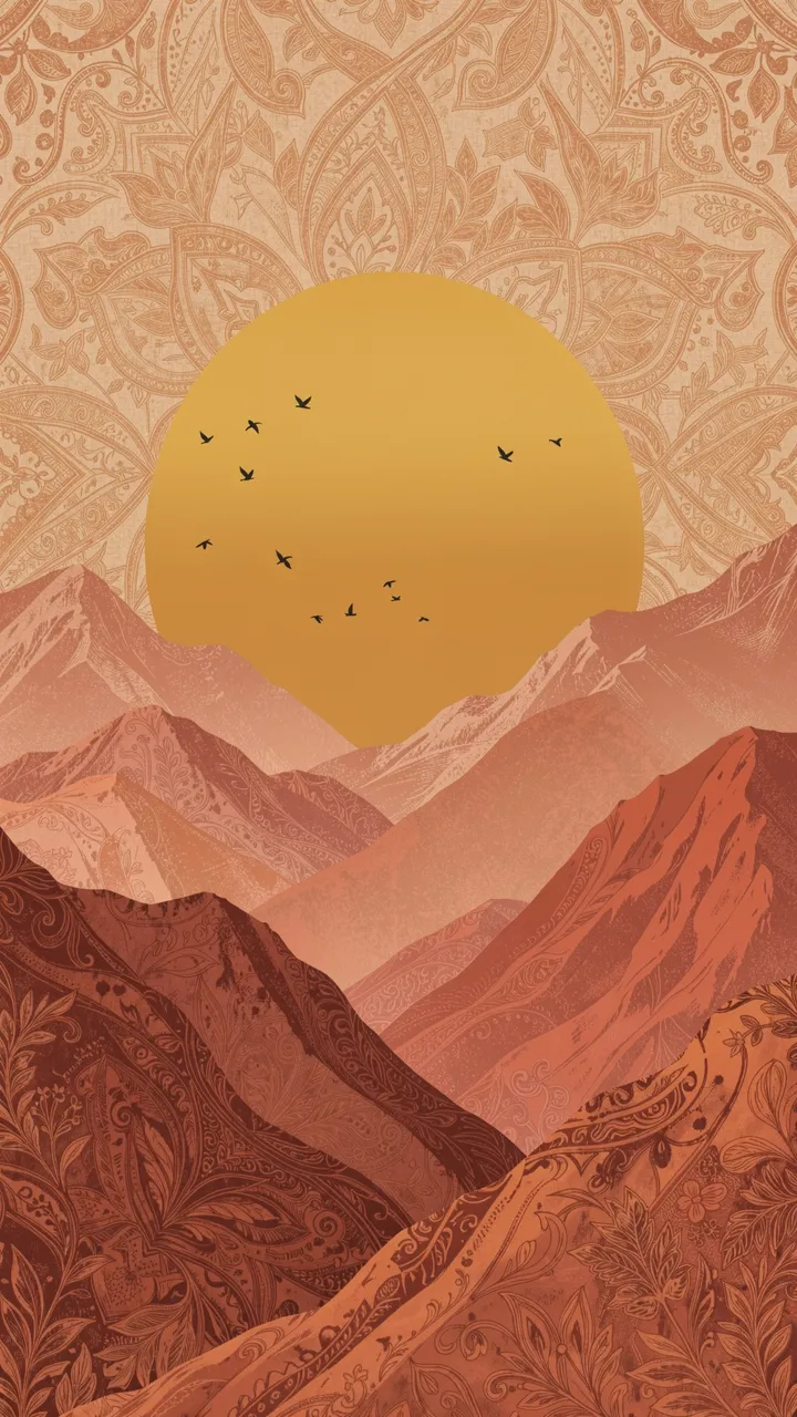 Layered paisley-patterned terracotta mountains sit below a large mustard sun with tiny flying birds