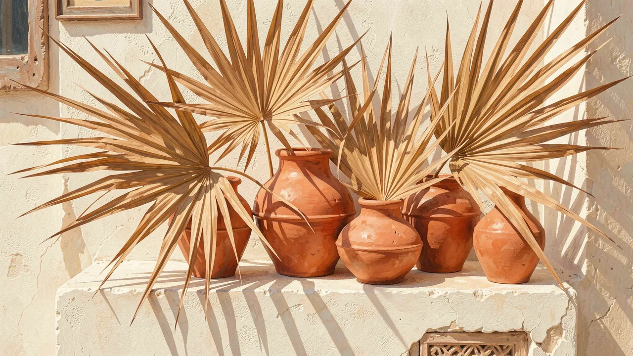 Terracotta clay pots holding dried palm fronds sit on a sunlit textured plaster ledge
