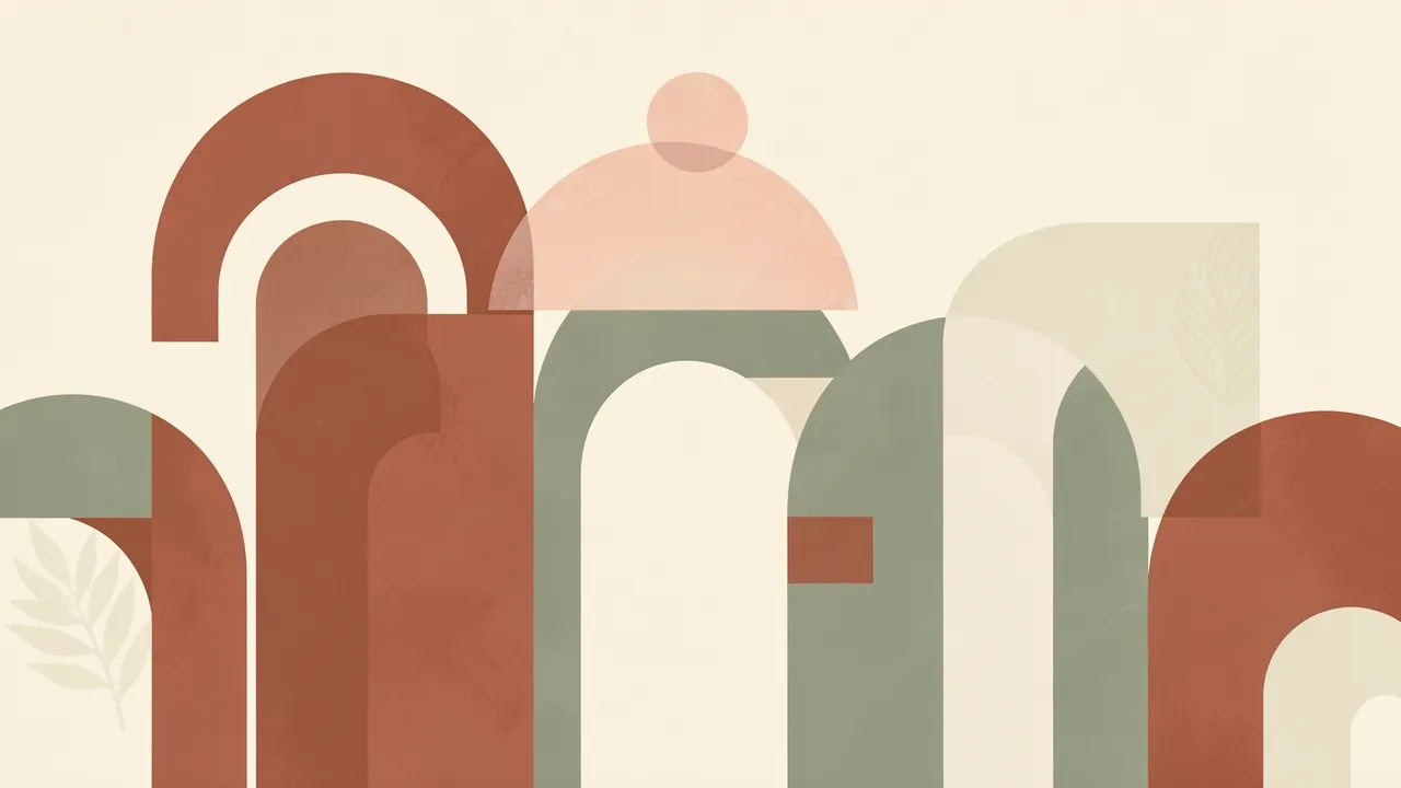 Minimal geometric boho illustration of stacked terracotta and sage arches with a blush sun on a cream background