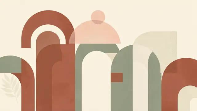 Minimal geometric boho illustration of stacked terracotta and sage arches with a blush sun on a cream background