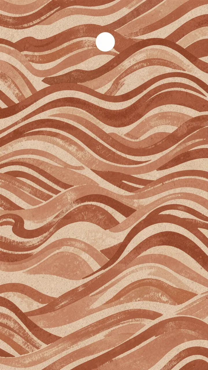 Textured terracotta wavy stripes flow across a sandy beige background with a small round white sun near the top