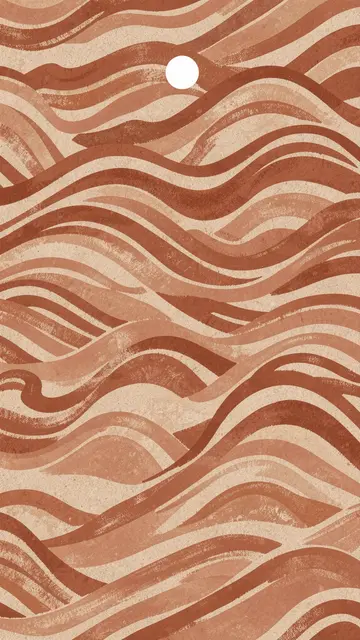 Textured terracotta wavy stripes flow across a sandy beige background with a small round white sun near the top
