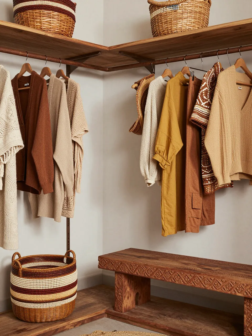 Cozy afro-boho style walk-in closet with wooden shelves, hanging earth tone clothing, woven baskets and a carved wooden bench
