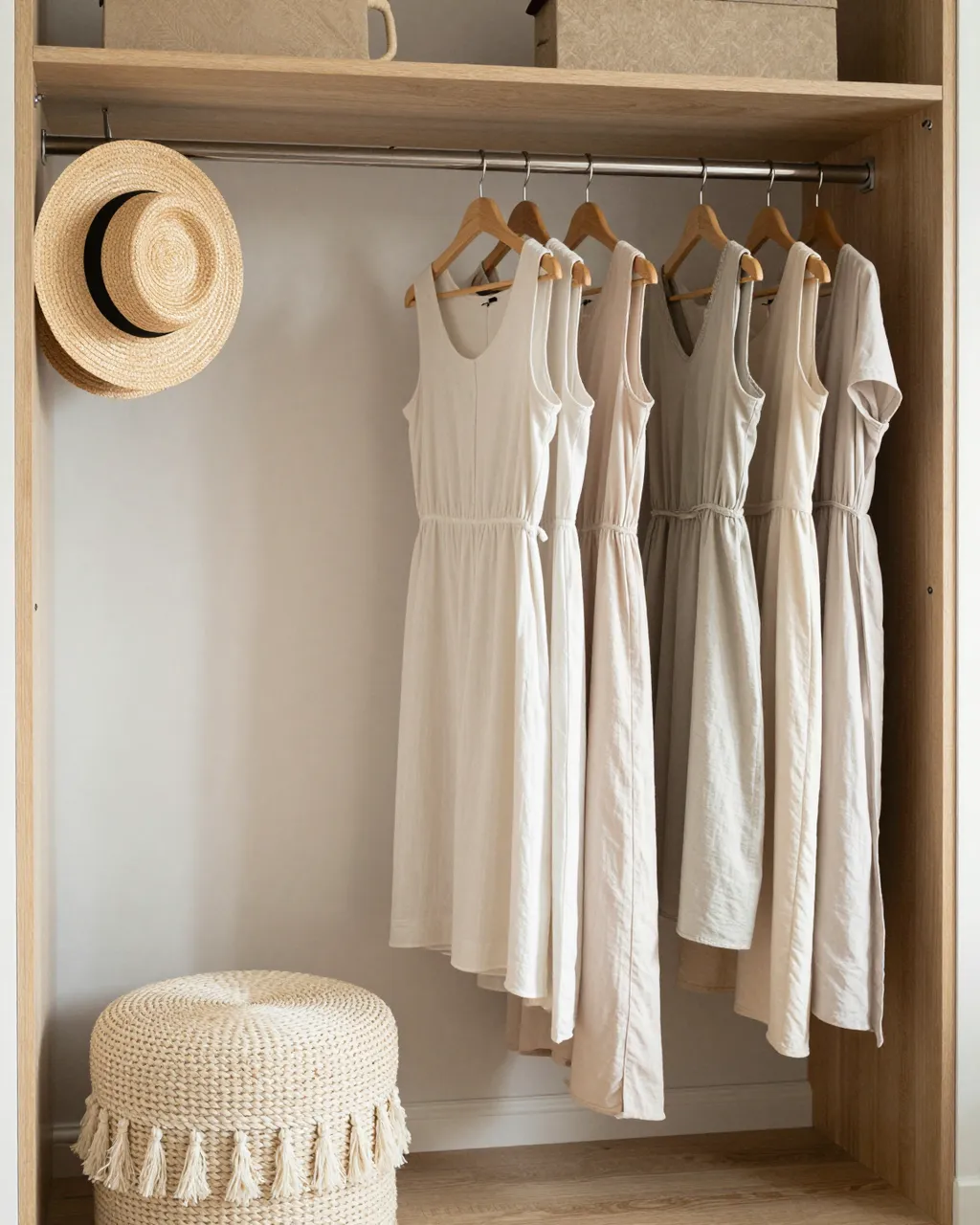 Light wooden closet with neutral linen dresses, stacked straw hats and a tasseled woven pouf
