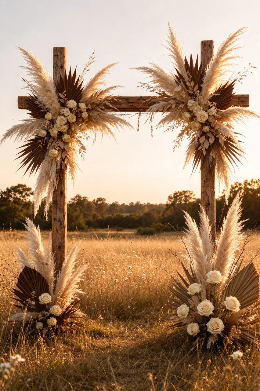 Rustic wooden boho wedding arch decorated with pampas grass, dried palms and cream roses in a sunlit golden meadow