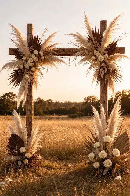 Rustic wooden boho wedding arch decorated with pampas grass, dried palms and cream roses in a sunlit golden meadow