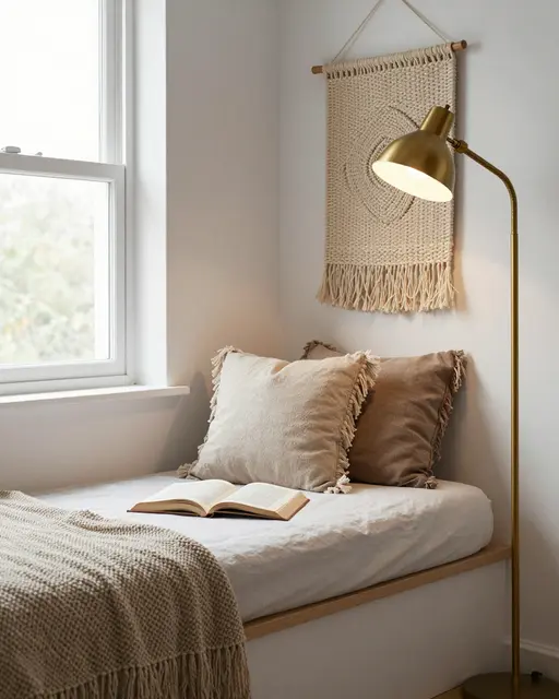 Cozy bohemian reading nook with a daybed, fringed cushions, open book, macrame wall hanging and brass floor lamp beside a