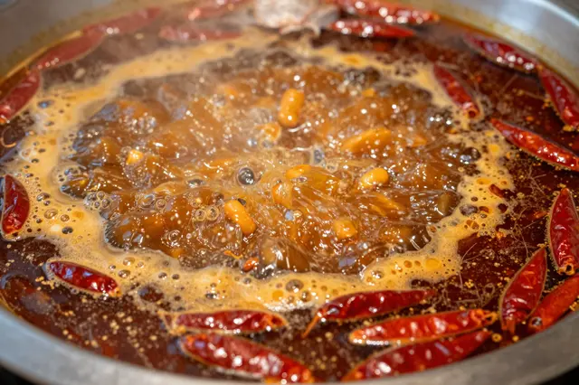 Close-up of bubbling spicy Sichuan hot pot broth topped with whole dried red chili peppers