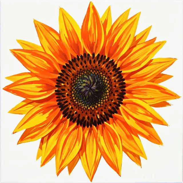 Vibrant close-up acrylic painting of a sunflower head with bold orange and yellow brush strokes against a plain white
