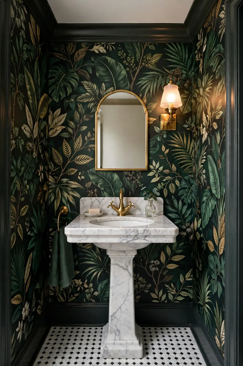 Stylish powder room with dark botanical wallpaper, marble pedestal sink, arched mirror and brass sconce