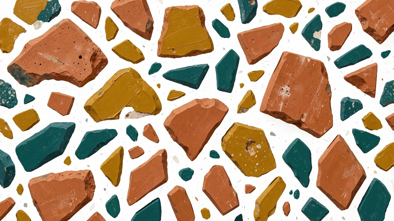 Irregular chunky terracotta, mustard, and teal terrazzo shards arranged on a white base