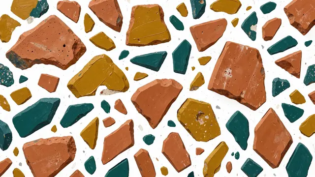Irregular chunky terracotta, mustard, and teal terrazzo shards arranged on a white base