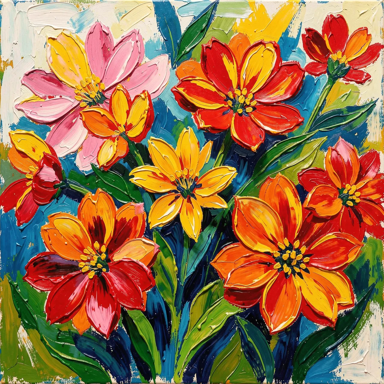 Thick textured impasto painting of bright multicolored flowers against a dynamic abstract background
