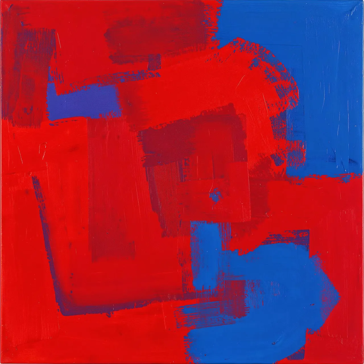 Abstract color field painting with textured brushstrokes of vivid red and saturated blue.