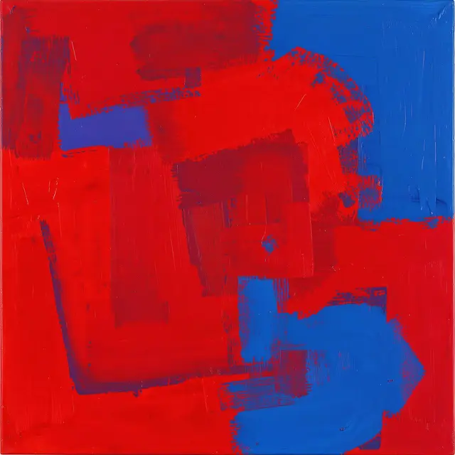 Abstract color field painting with textured brushstrokes of vivid red and saturated blue.