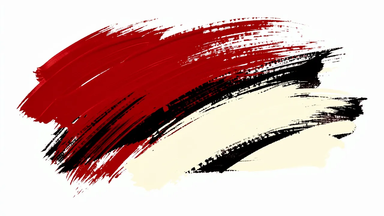 Curved bold overlapping brush strokes in red, black, and cream on a plain white background