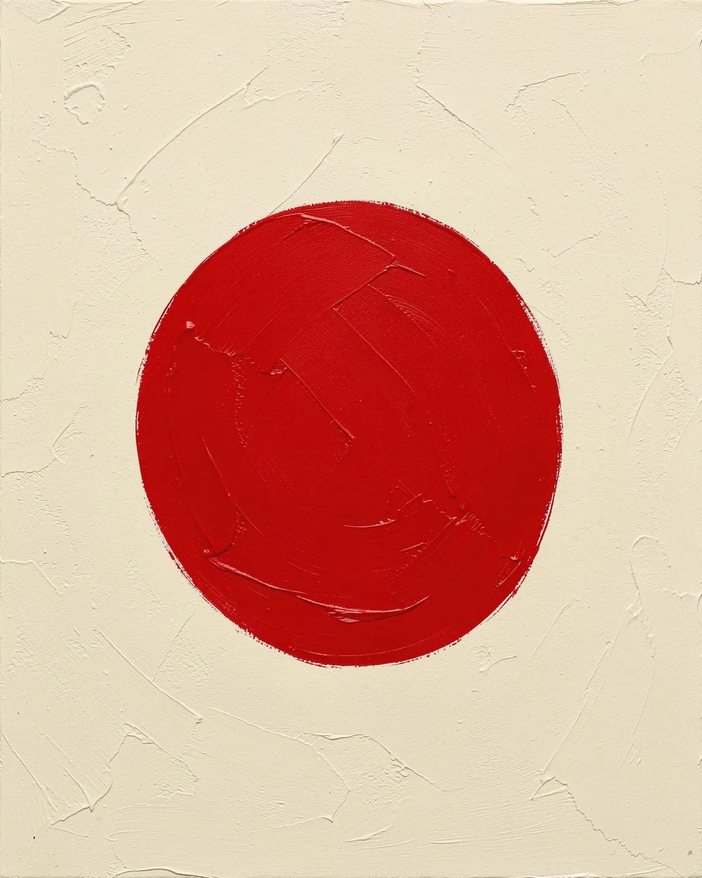 A thick textured deep red circle centered on a textured off-white ivory painted ground