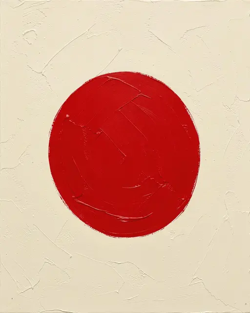 A thick textured deep red circle centered on a textured off-white ivory painted ground