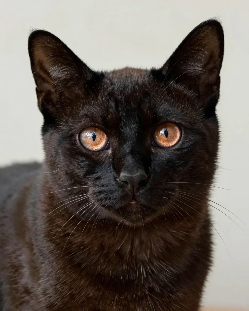 Close-up portrait of a Bombay cat with glossy dark fur and bright copper eyes looking directly at the viewer