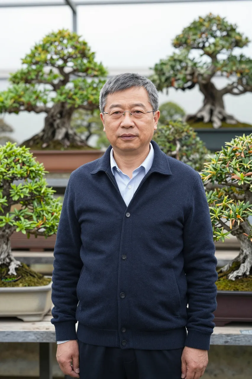East Asian man in his fifties stands among potted bonsai trees under soft overcast light
